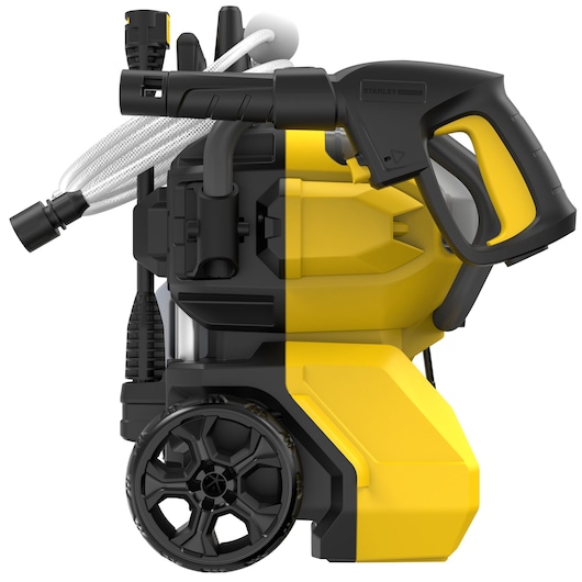 STANLEY SFMCPW1500B hogedrukreiniger voorkant met zwart-gele behuizing, slang en handgreep