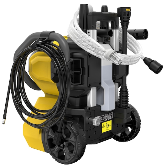 STANLEY SFMCPW1500B hogedrukreiniger, achteraanzicht, zwart en geel, wielen en slangopslag.