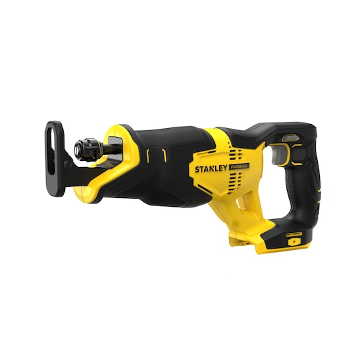 Photo de la scie sabre STANLEY SFMCS300B jaune et noire, angle latéral droit, outil sans fil.
