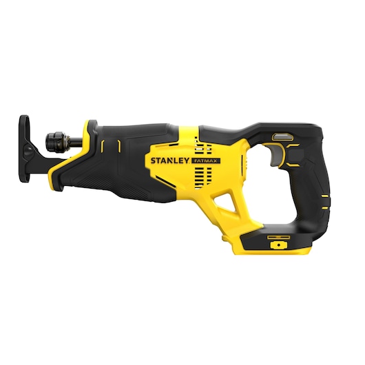 Photo de la scie sabre STANLEY SFMCS300B, jaune et noire, vue latérale, outil sans fil.