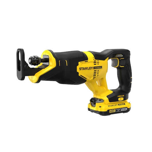 STANLEY SFMCS300D2K snoerloze reciprozaag, geel en zwart, zijaanzicht op witte achtergrond.