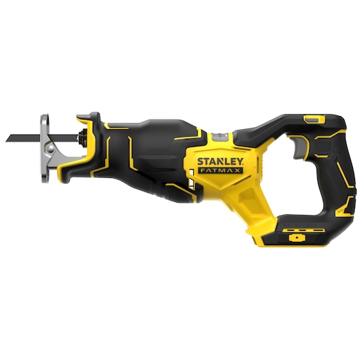 STANLEY SFMCS310B scie réciproque jaune et noire, vue latérale, fond blanc.
