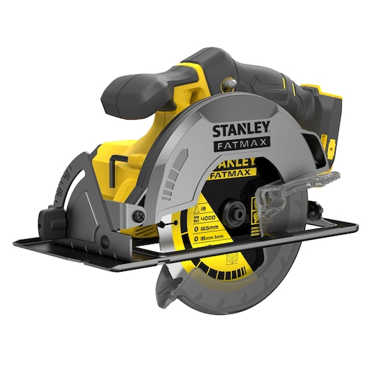 STANLEY SFMCS500B FATMAX snoerloze cirkelzaag, linkerzijde, geel-zwart gereedschap met zichtbaar zaagblad en handgreep.