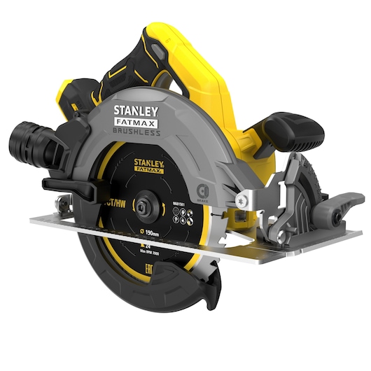 STANLEY SFMCS550B draadloze cirkelzaag, zijaanzicht, geel en zwart, brushless, FATMAX.