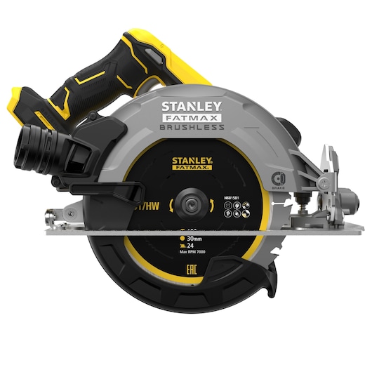 Photo de scie circulaire STANLEY SFMCS550B FatMax Brushless, noire et jaune, vue latérale sur fond blanc.