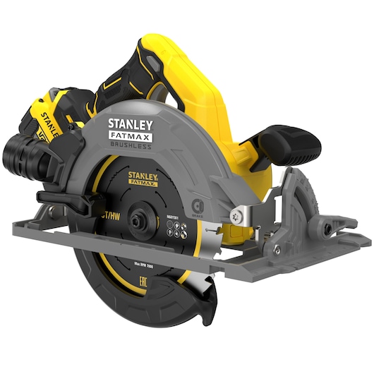 STANLEY SFMCS551M1T cirkelzaag vooraanzicht, geel en zwart, borstelloos, met ergonomisch handvat.