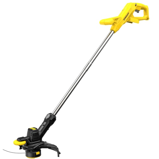 Photo du coupe-bordure sans fil STANLEY SFMCST925B jaune et noir, vue latérale sur fond blanc.