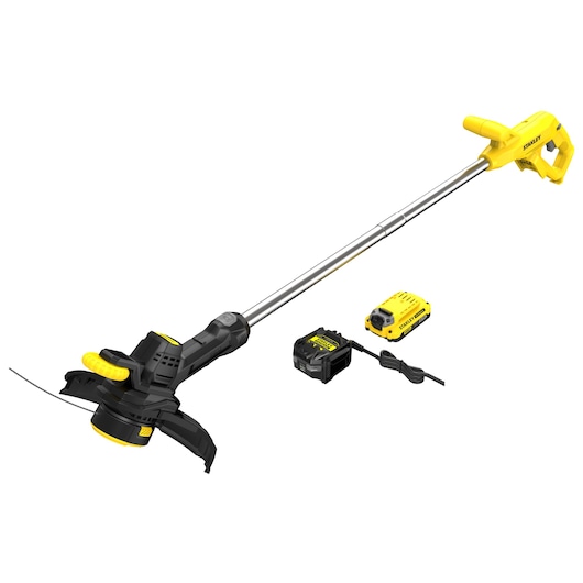 STANLEY SFMCST925M1 coupe-bordures avec batterie et chargeur, jaune et noir, vue de côté sur fond blanc.