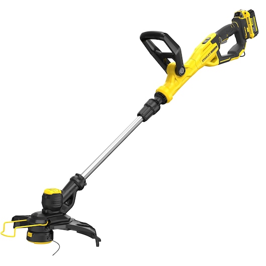 STANLEY SFMCST933M1 gele en zwarte draadloze grastrimmer, zijaanzicht op witte achtergrond
