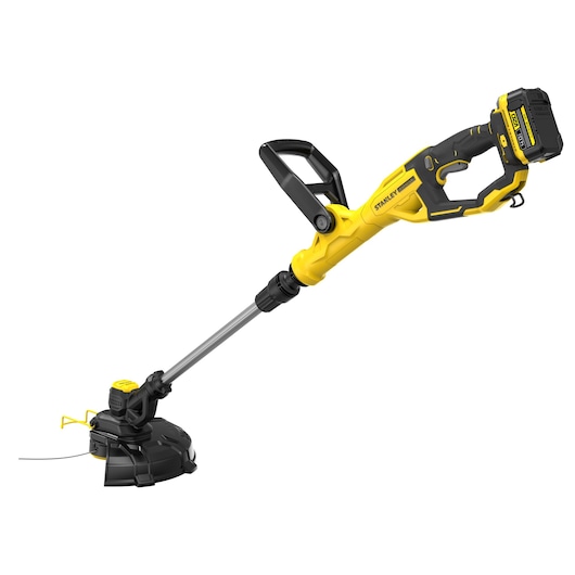 STANLEY SFMCST933M1 draadloze grastrimmer, geel en zwart, zijaanzicht op een witte achtergrond.