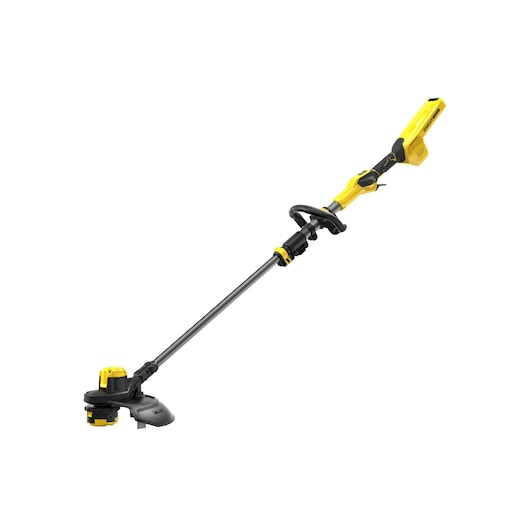 STANLEY SFMCSTB963B draadloze gele en zwarte grastrimmer, zijaanzicht op witte achtergrond.