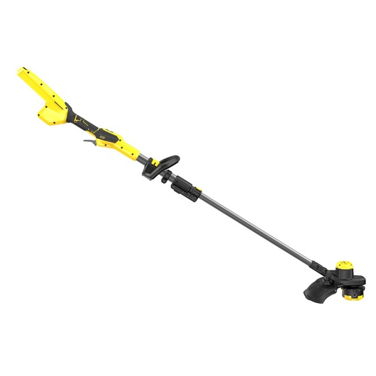 STANLEY SFMCSTB963B geel-zwarte draadloze grastrimmer, zijaanzicht op witte achtergrond.