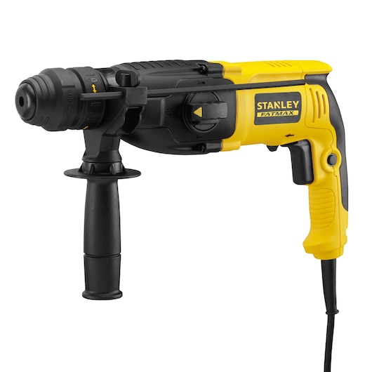 STANLEY SFMEH210K boorhamer, geel en zwart, met zijhandgreep, productfoto op witte achtergrond.