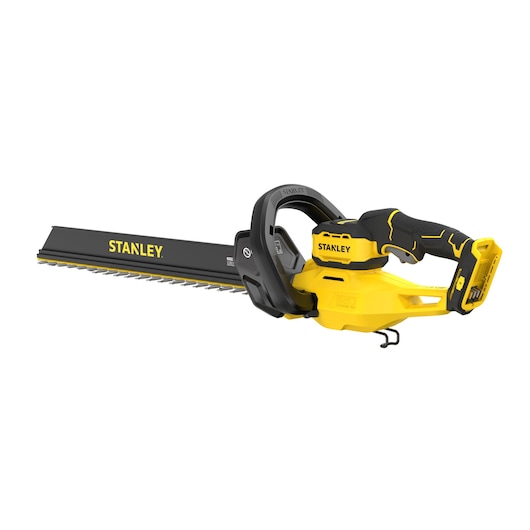 STANLEY STCHT8255B draadloze heggenschaar, geel en zwart, zijaanzicht, zichtbare snijblad en handgreep.
