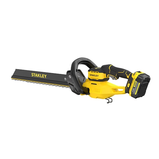 STANLEY STCHT8255M1 taille-haie sans fil, jaune et noir, angle latéral sur fond blanc.