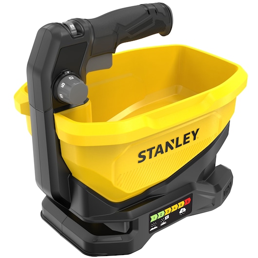 Gros plan sur un accessoire de photographie STANLEY jaune et noir avec une poignée robuste, un cadran et un contenant rectangulaire. Le produit porte le logo STANLEY sur le côté et des icônes d'indicateur à la base.