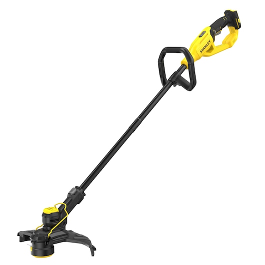 Photo du coupe-bordure sans fil STANLEY STCST933B, noir et jaune, vu de côté sur fond blanc.