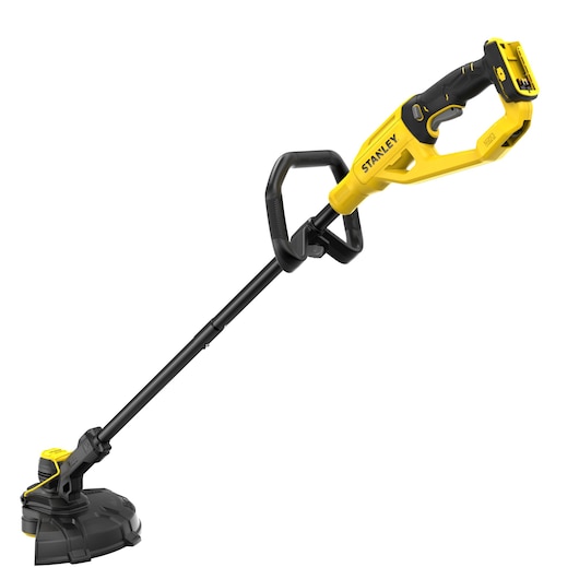 STANLEY STCST933B coupe-bordures sans fil, jaune et noir, vue latérale sur fond blanc.