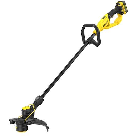 Désherbeur sans fil STANLEY STCST933M1, jaune et noir, vue latérale sur fond blanc.