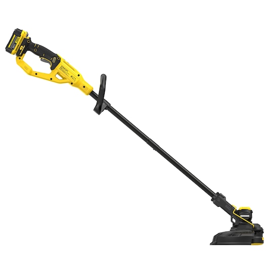STANLEY STCST933M1 coupe-bordures sans fil, noir et jaune, vue latérale sur fond blanc.