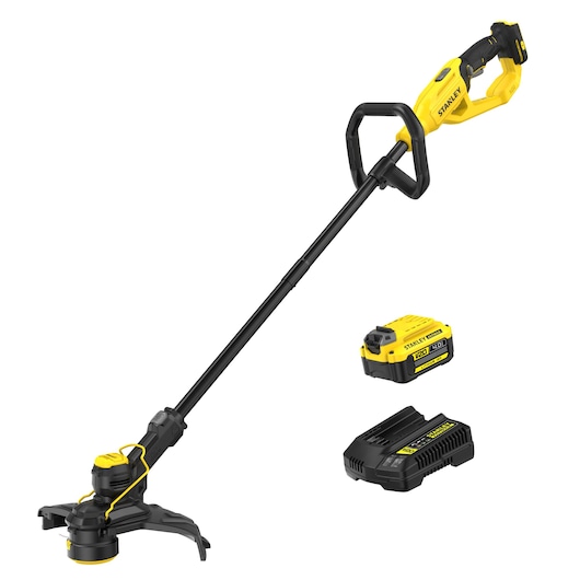 STANLEY STCST933M1 coupe-bordures sans fil avec corps noir et jaune, batterie et chargeur, vue latérale.