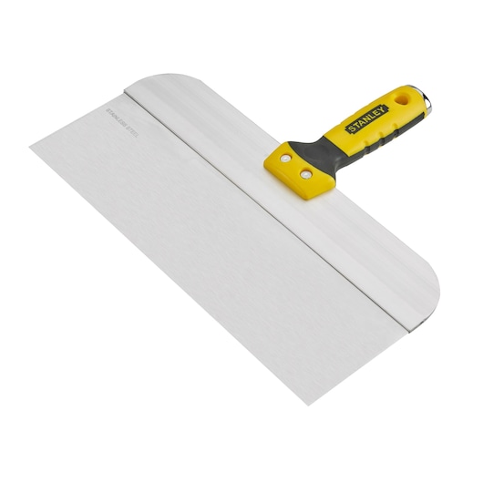 STANLEY STHT0-05776 plamuurmes met roestvrijstalen blad en geel-zwarte handgreep, schuine bovenaanzicht.