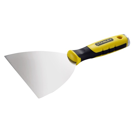 Foto van de STANLEY STHT0-05799 plamuurmes met breed roestvrijstalen blad en geel-zwart ergonomisch handvat, schuine hoek.