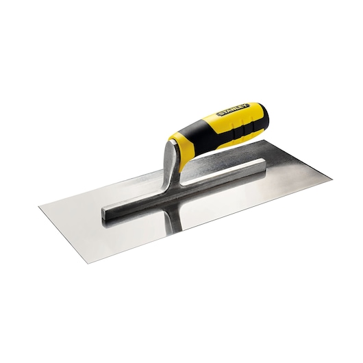 STANLEY STHT0-05900 pleistertroffel met geel-zwart handvat, schuine productfoto op witte achtergrond.
