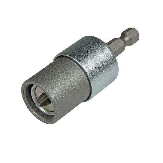 Close-up van een STANLEY magnetische schroefhouder met bit, ontworpen voor gebruik met elektrische boormachines. Het