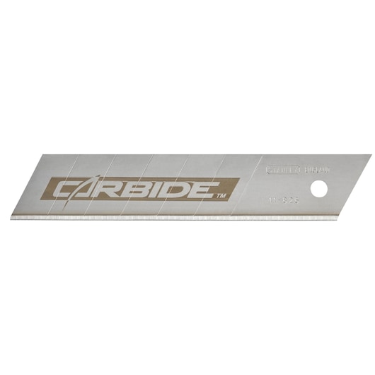 Photo de la lame sécable STANLEY STHT0-11825, argentée avec logo carbide, vue latérale sur fond blanc.