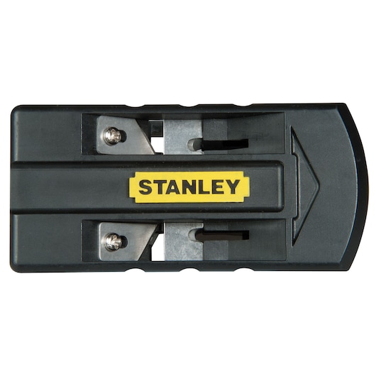 STANLEY STHT0-16139 zwart dubbele messenslijper, bovenaanzicht, met geel STANLEY-logo, witte achtergrond.