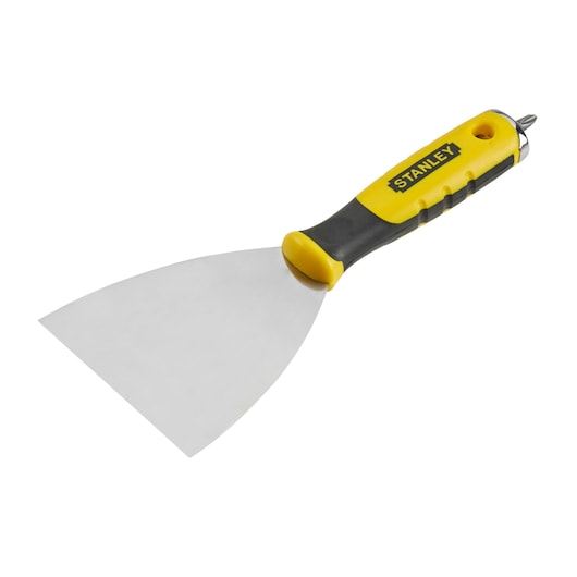 Photo du couteau à enduire STANLEY STHT0-28000 avec poignée jaune et noire, en angle sur fond blanc.