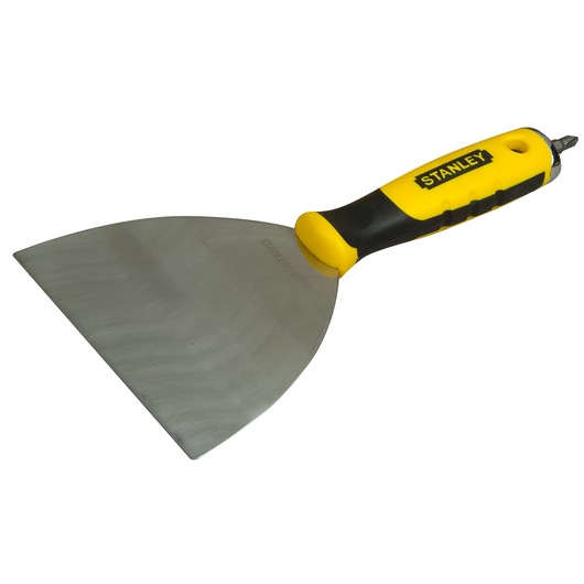 STANLEY STHT0-28034 plamuurmes met geel-zwart ergonomisch handvat, zijaanzicht, fotografie.
