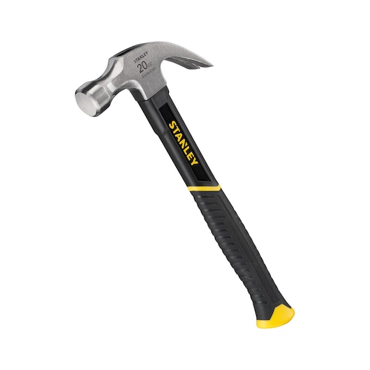 STANLEY STHT0-51310 klauwhamer met zwarte en gele handgreep, zijaanzicht, witte achtergrond.