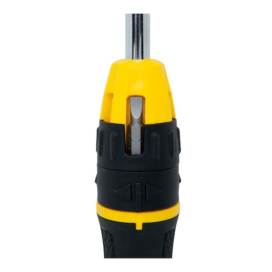 STANLEY STHT0-62574 tournevis vue avant, poignée jaune et noire avec rangement pour embouts.