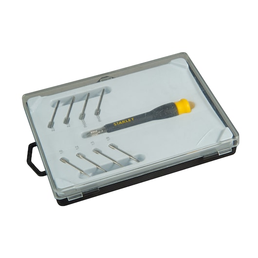 STANLEY STHT0-62629 precisie-schroevendraaierset met zwart-gele handgreep en meerdere bits in doorzichtige kunststof koffer, hoekaanzicht.