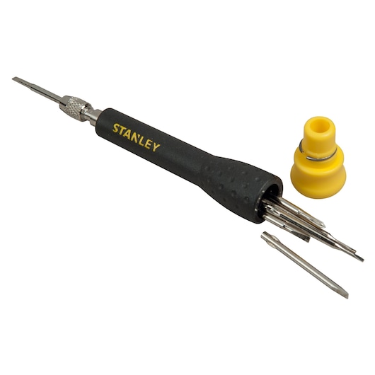 STANLEY STHT0-62629 precisie schroevendraaierset met zwart handvat en gele bithouder, witte achtergrond.