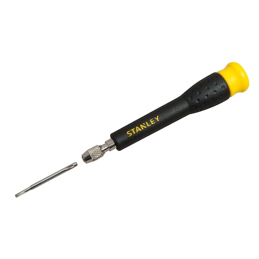 STANLEY STHT0-62629 precisiestift met zwarte en gele handgreep, platkop bit op witte achtergrond.