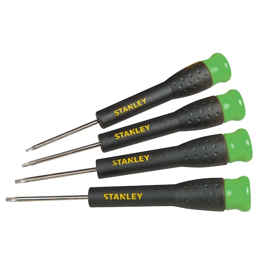 STANLEY STHT0-62630 precisieschroevendraaierset met zwarte handgrepen en groene eindkappen, zijaanzicht.
