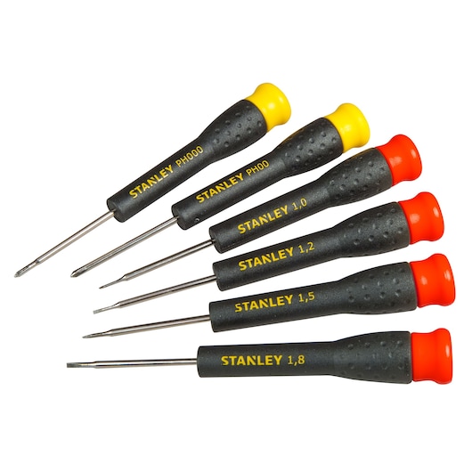 STANLEY STHT0-62631 precisieschroevendraaierset, zwarte handgrepen met gekleurde uiteinden, bovenaanzicht.