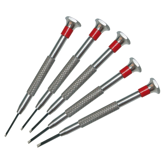 STANLEY STHT0-62686 precisie-schroevendraaierset, vijfdelig, zilveren handgrepen met rode accenten, bovenaanzicht.