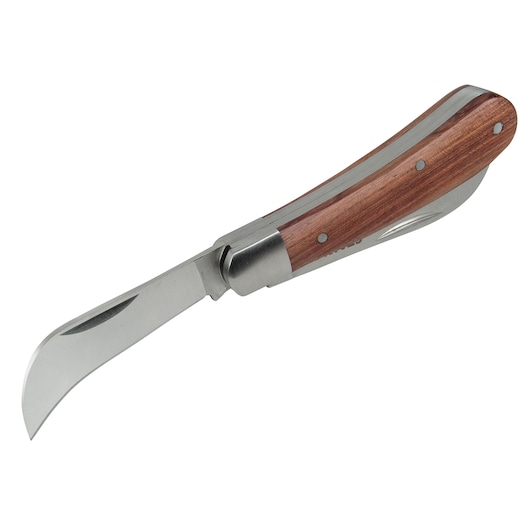 STANLEY STHT0-62687 vouwmes met gebogen lemmet en houten handvat, zijaanzicht op witte achtergrond.
