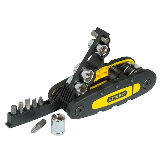 STANLEY STHT0-70695 multitoolset met zwart-gele handgreep en diverse bits, schuine weergave.