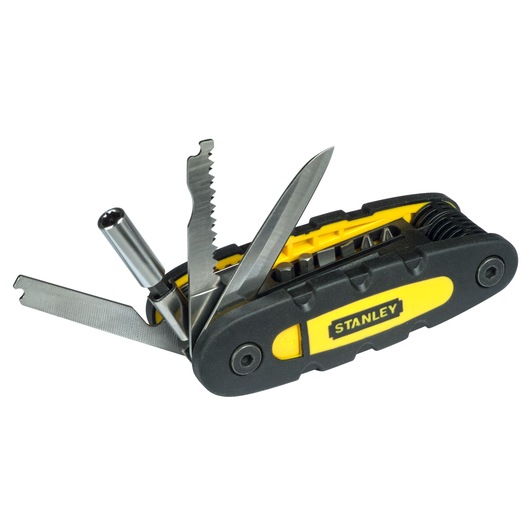 STANLEY STHT0-70695 multitool met zwart-geel handvat, meerdere uitgeschoven gereedschappen, vooraanzicht.