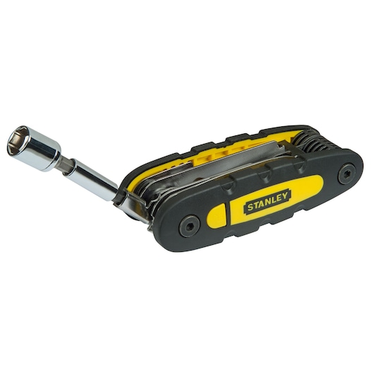 STANLEY STHT0-70695 opvouwbare inbussleutelset met zwart en geel handvat, zijaanzicht op witte achtergrond.