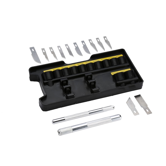 STANLEY STHT0-73872 set de couteaux de précision avec manches métalliques, plusieurs lames et étui noir, vue de dessus.