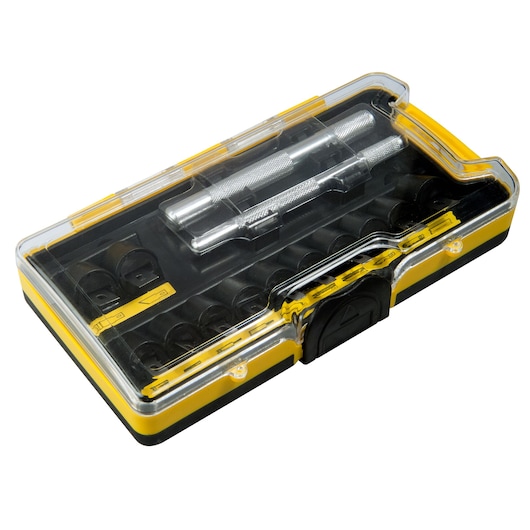 Coffret de couteaux de précision STANLEY STHT0-73872 dans un étui en plastique jaune transparent, vue de dessus en angle.