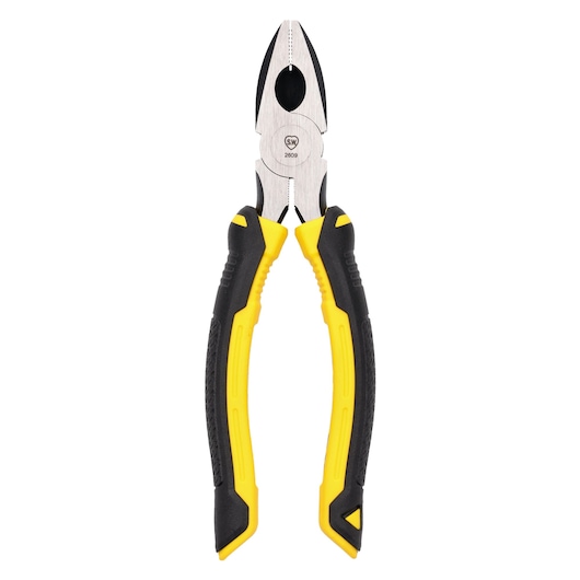 Pince combinée Stanley à poignées jaune et noire, utilisée pour saisir et couper des fils.