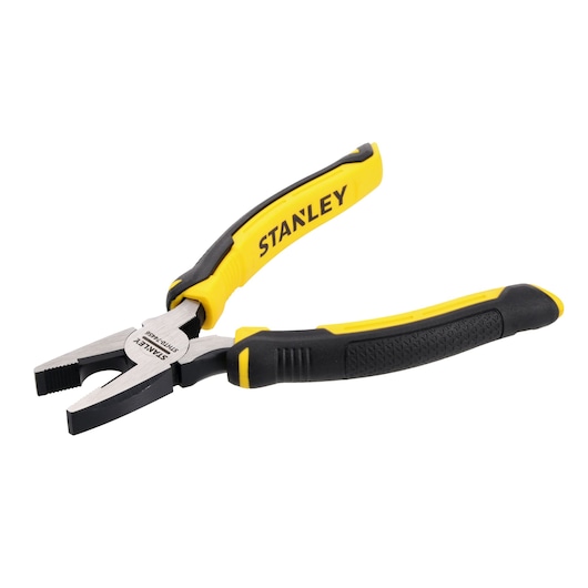 Pince combinée Stanley avec poignées jaunes et noires sur fond blanc.