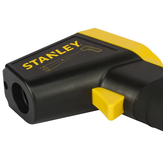 STANLEY STHT0-77365 télémètre laser numérique, noir et jaune, photo produit vue latérale.